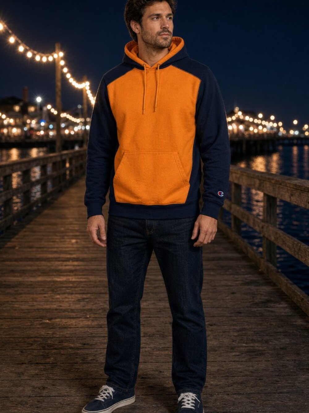 Champion Men Navy Orange Double Dry Eco Colorblock Fleece Hoodie US S